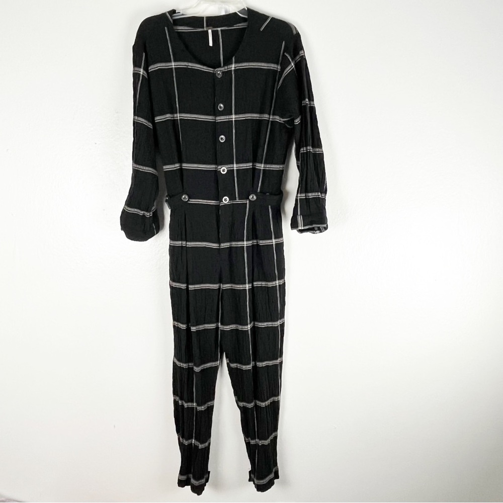 FREE PEOPLE Keep It In Check Black Plaid Pockets Front Button Jumpsuit Small